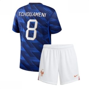 Frankrike Aurelien Tchouameni #8 Hjemmedraktsett Barn VM 2026 drakt med shorts