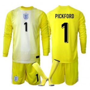 Kjøp England VM 2026 fotballdrakter barn Jordan Pickford #1 Keeper Bortedraktsett gul